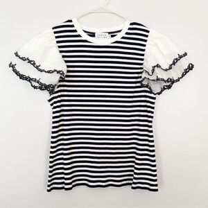 Tanya Taylor Shirt Womens Navy Blue White Striped Ruffle Sleeve Ribbed‎